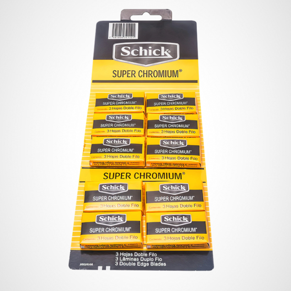 display de hojillas schick super chromium de doble filo 10 cajas con 3 unidades cada una